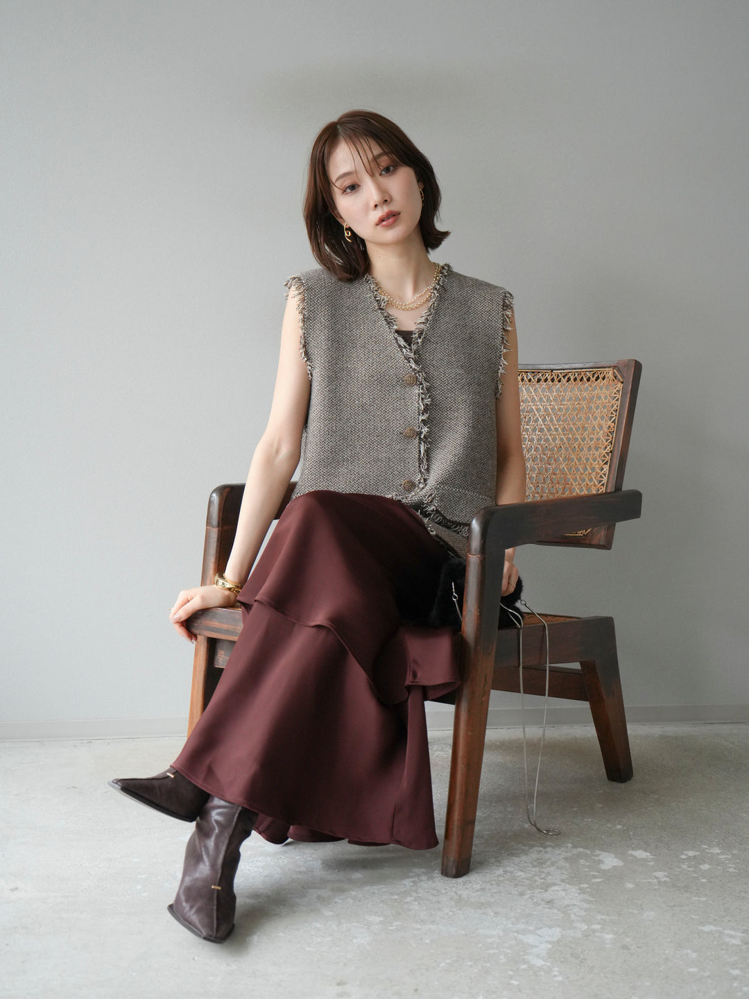 [予約]ツイードライクフリンジニットベスト/ブラウン