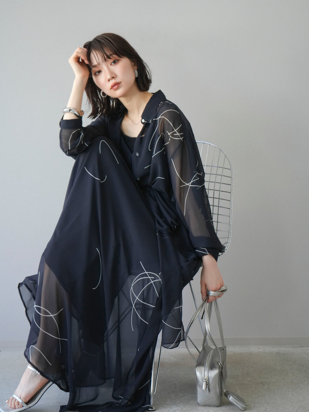 [SET]ペンタッチシフォンキャミワンピース+ペンタッチシフォンシャツ(2set)