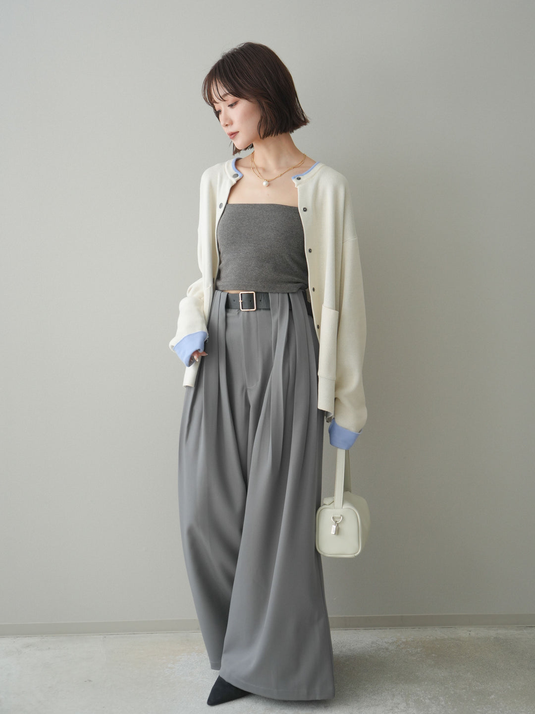 [SET]バイカラーオーバーニットカーディガン+タックベルトループワイドパンツ(2set)