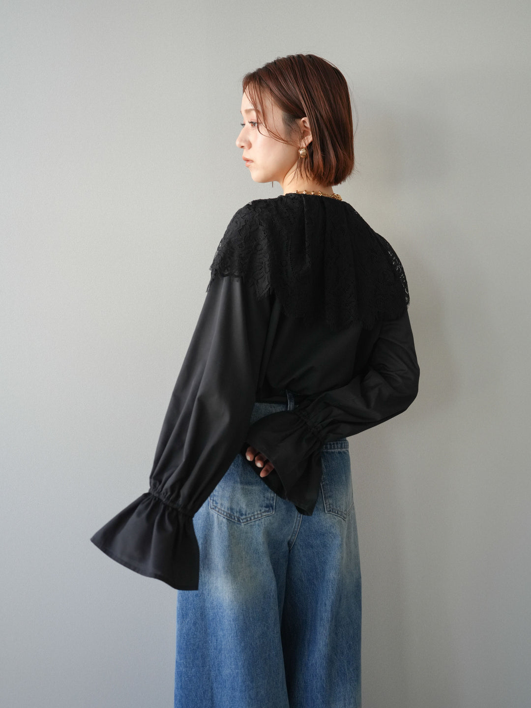 [予約]ビッグレースカラーブラウス/black