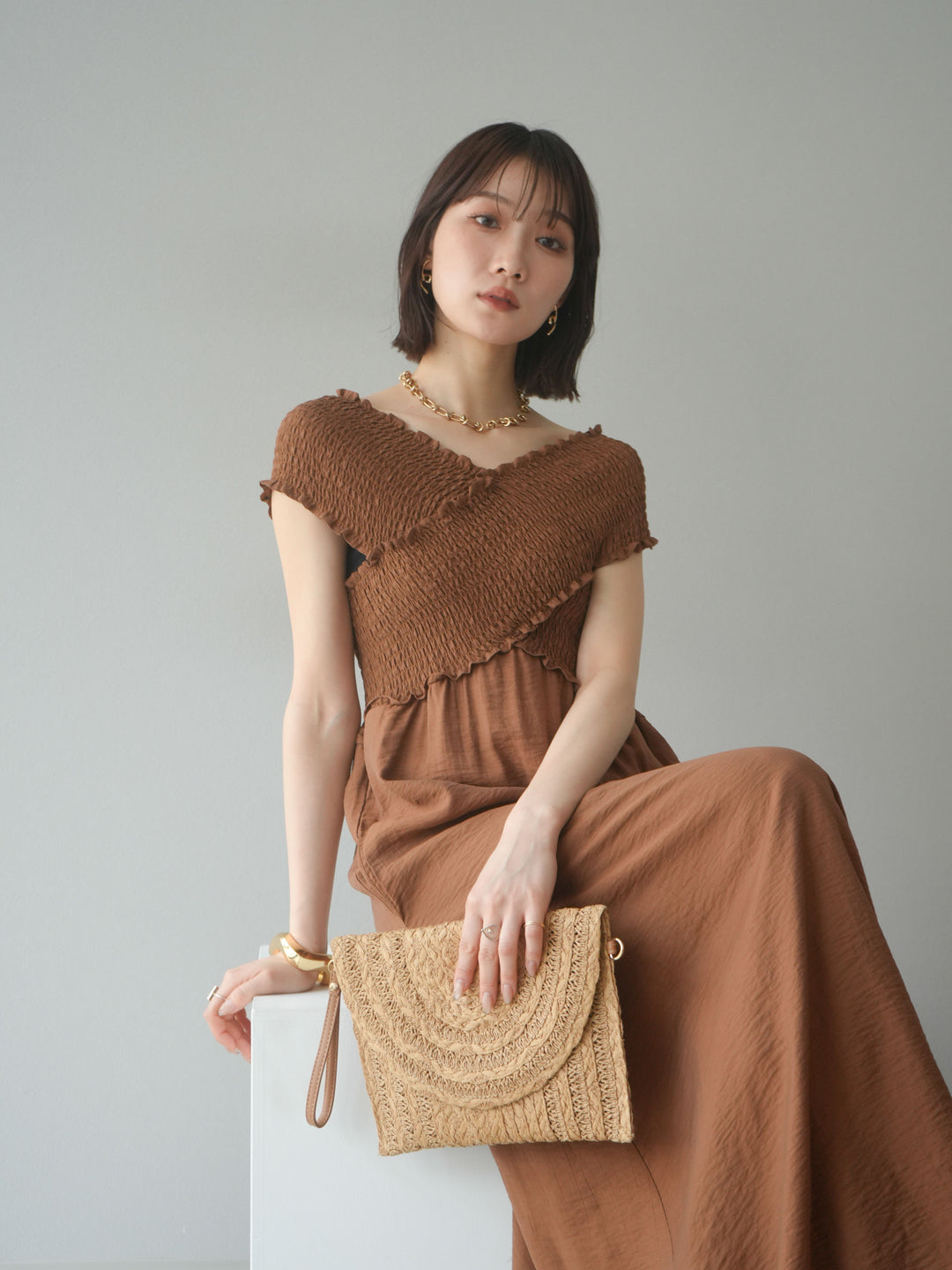 [SET]シャーリングクロスワンピース+シャーリングクロスワンピース(2set)