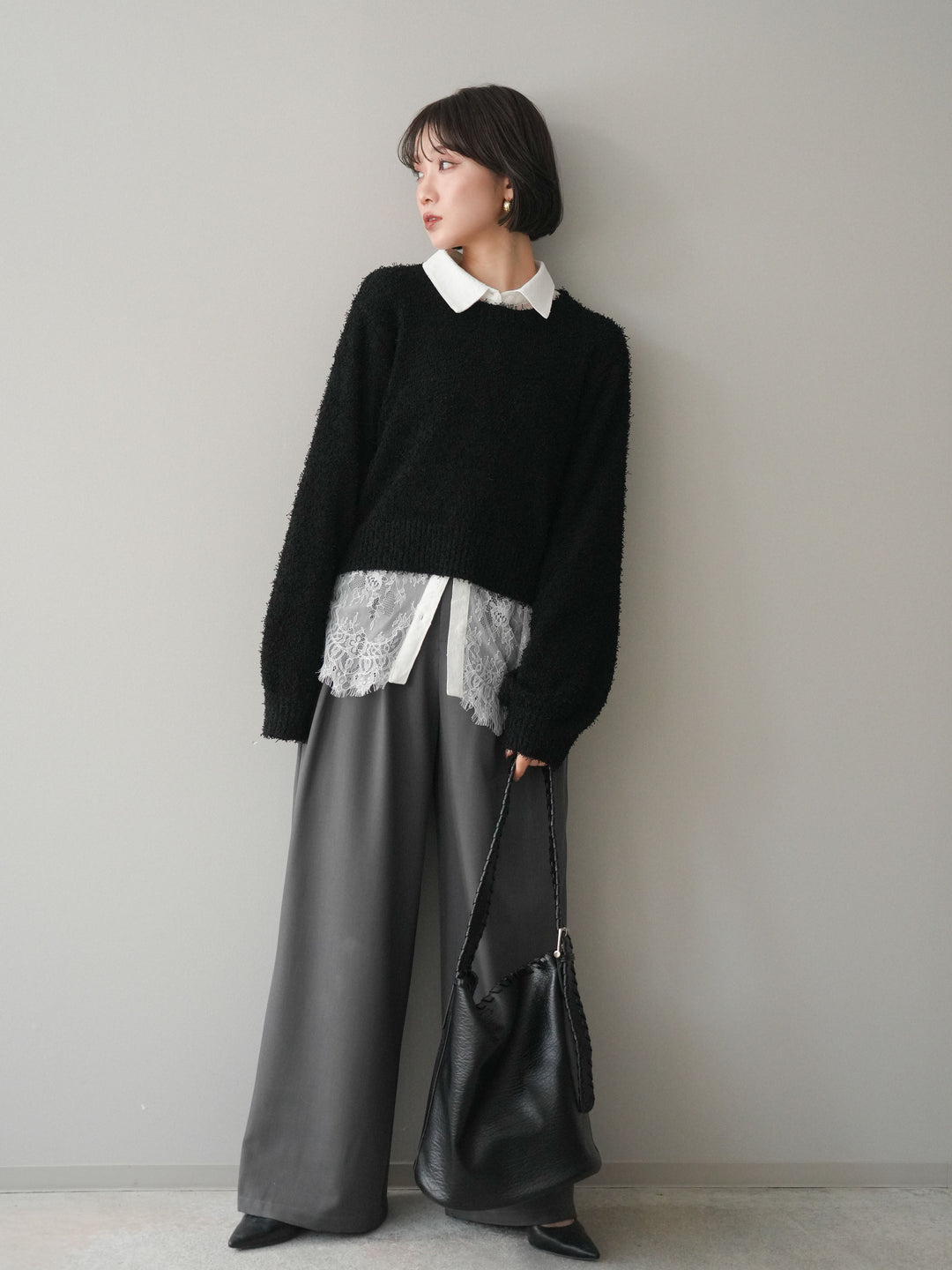 [予約]ウエストレースタックワイドパンツ/gray