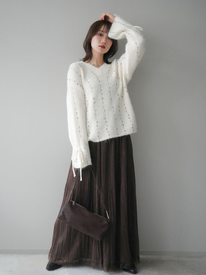 [SET]キャンディースリーブカラーネップスパンコールニットプルオーバー+裾レーススウェードプリーツマキシスカート(2set)