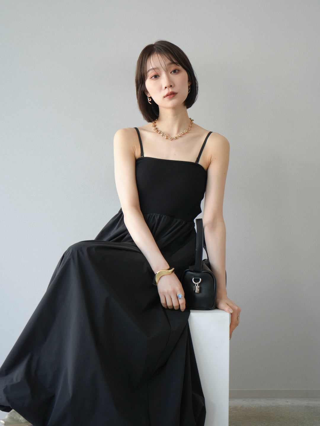 [予約]異素材ドッキングカップ付ベアキャミバルーンワンピース/ブラックブラック