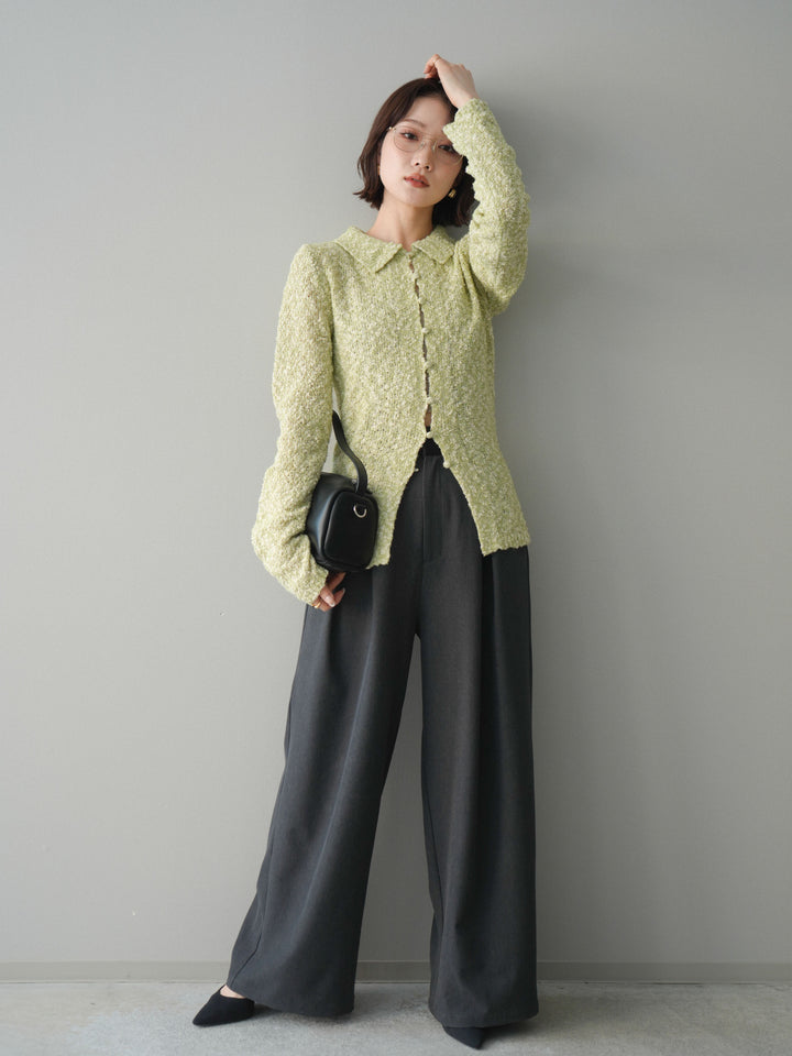 [SET]透かし編みブークレポロニットトップス+サテンベルトタックワイドパンツ(2set)