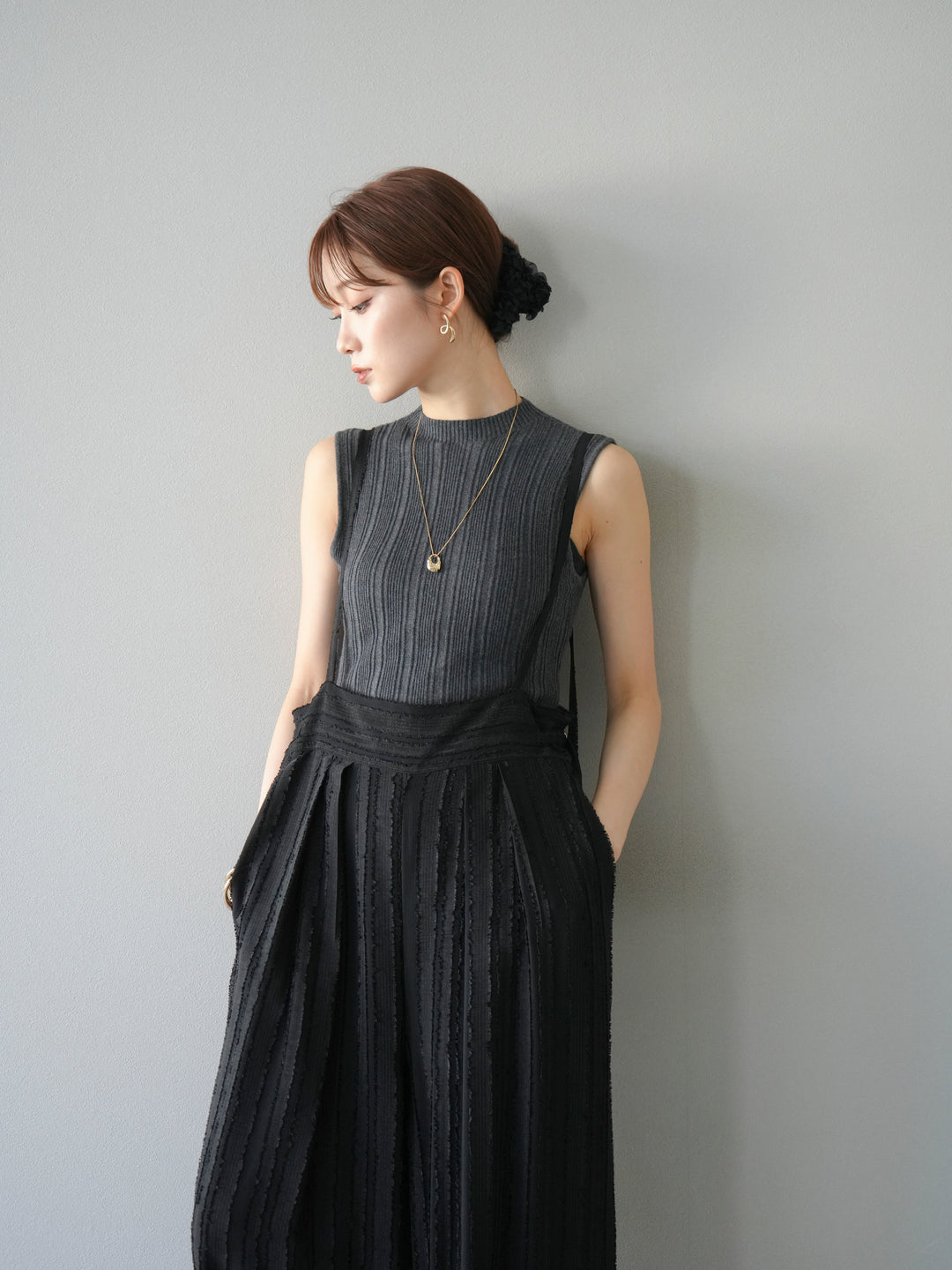 [予約]ジャガードストライプサロペット/ブラック