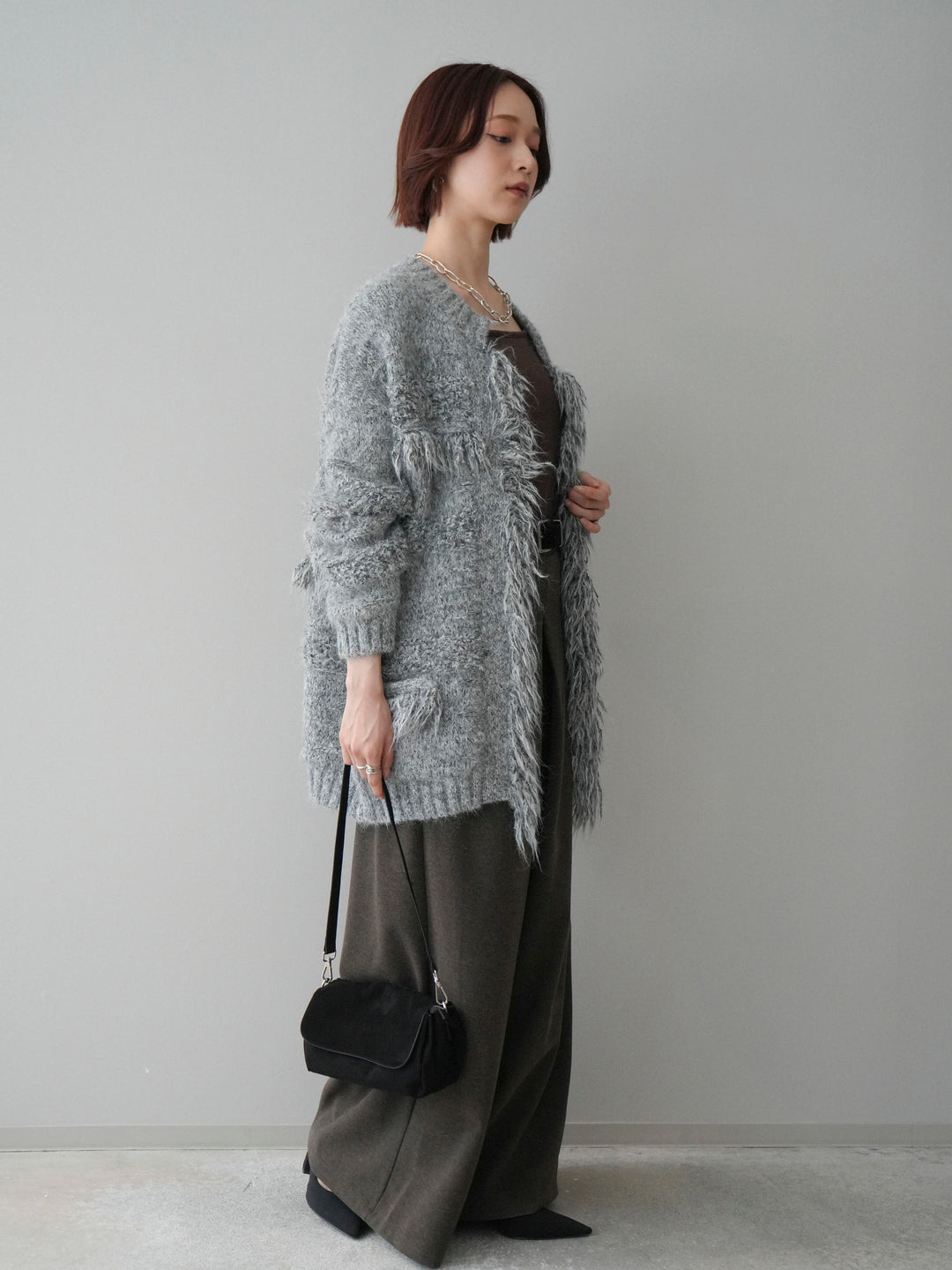 [SET]ミックスヤーンフリンジデザインニットジャケット+ベルト付きフロントタックワイドパンツ(2set)