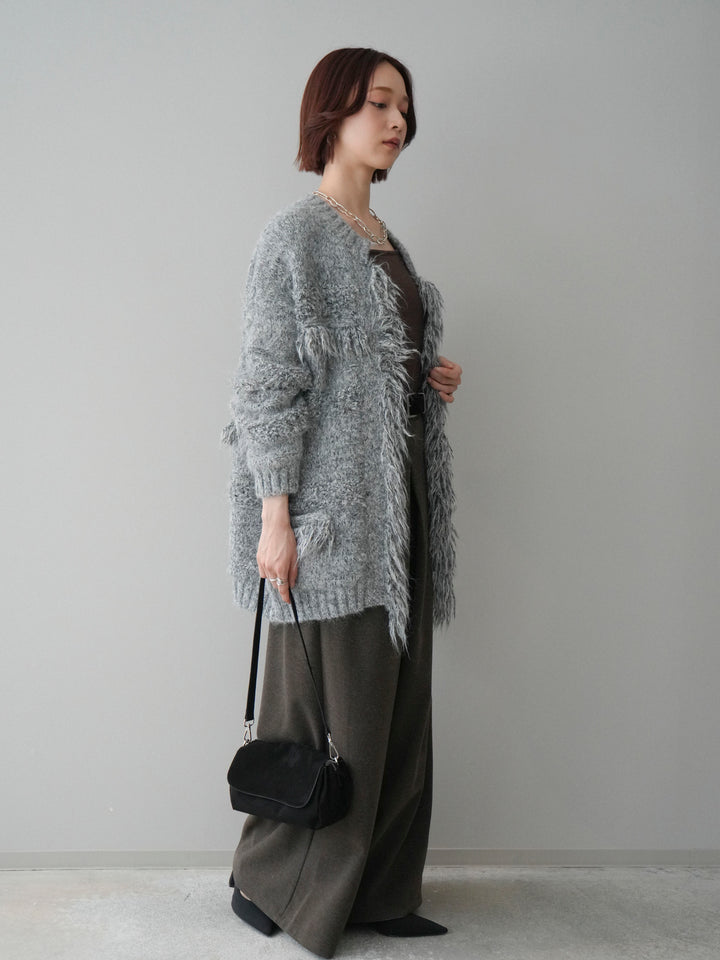 [SET]ミックスヤーンフリンジデザインニットジャケット+ベルト付きフロントタックワイドパンツ(2set)