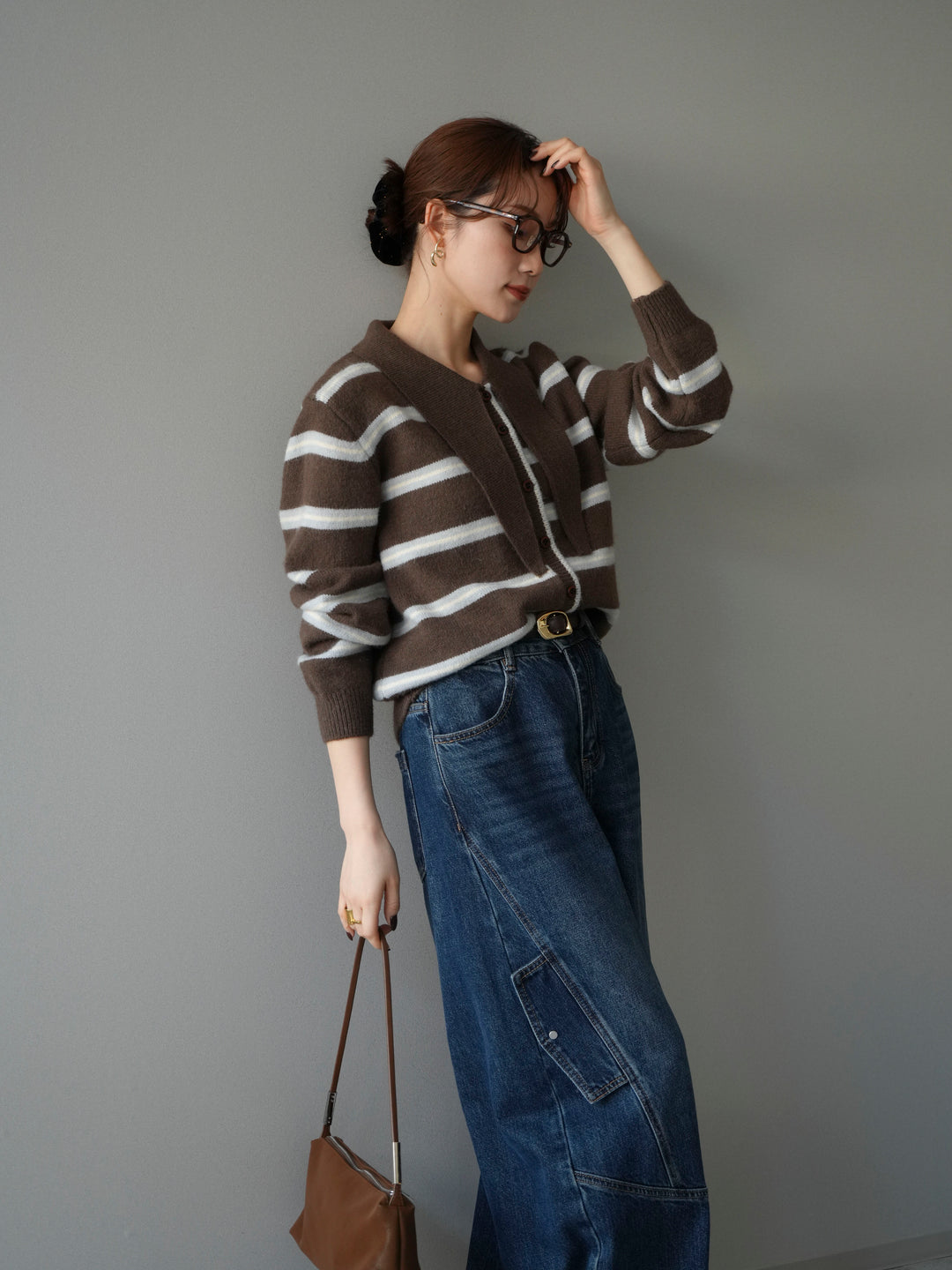 [予約]ボウタイボーダーニットカーディガン/brown