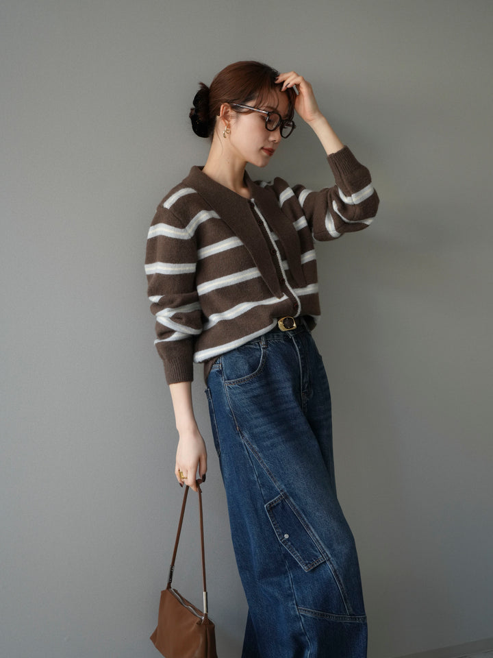 [予約]ボウタイボーダーニットカーディガン/brown