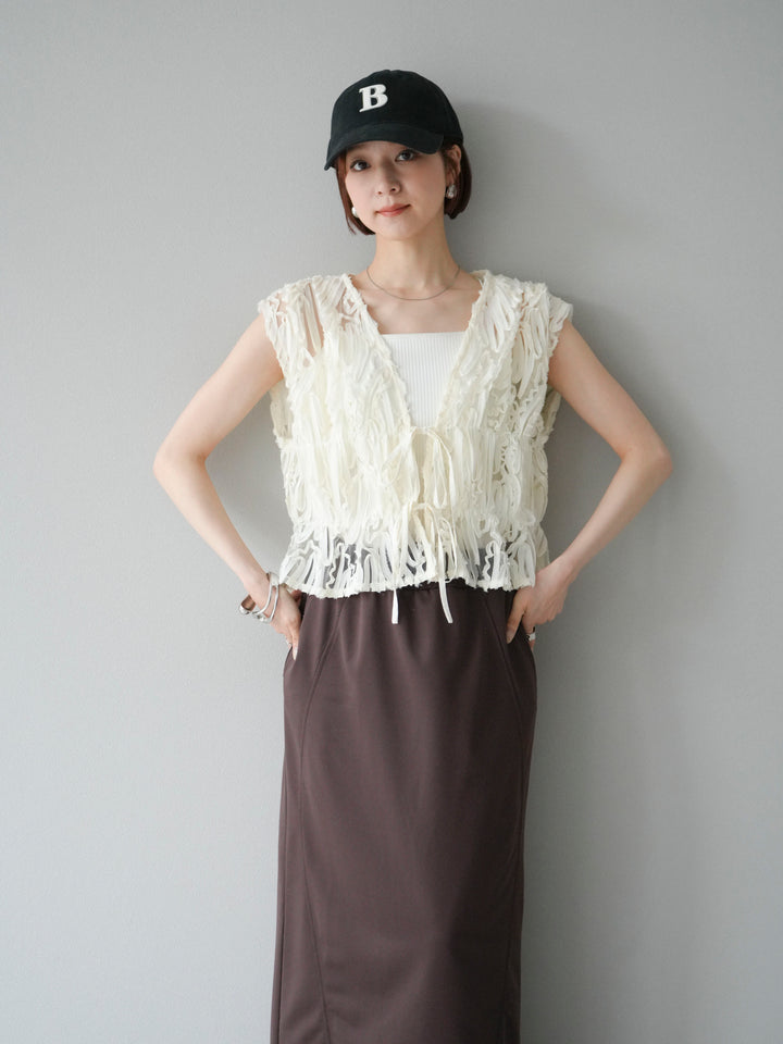 [SET]ジャガードレースリボントップス+スウェットロングスカート(2set)