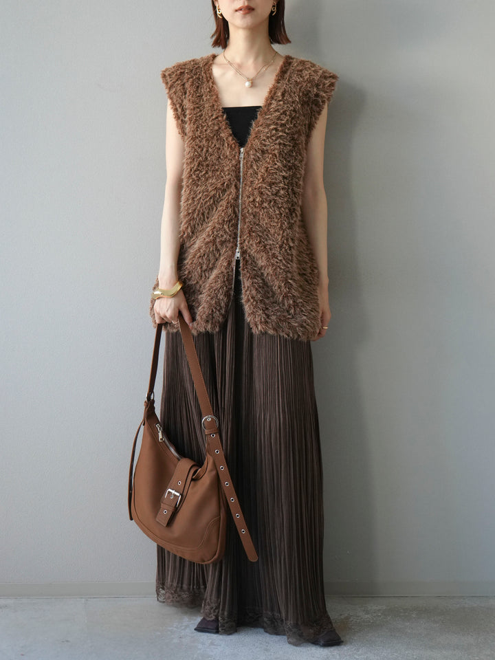 [予約]ダブルZIPループシャギーベスト/ブラウン