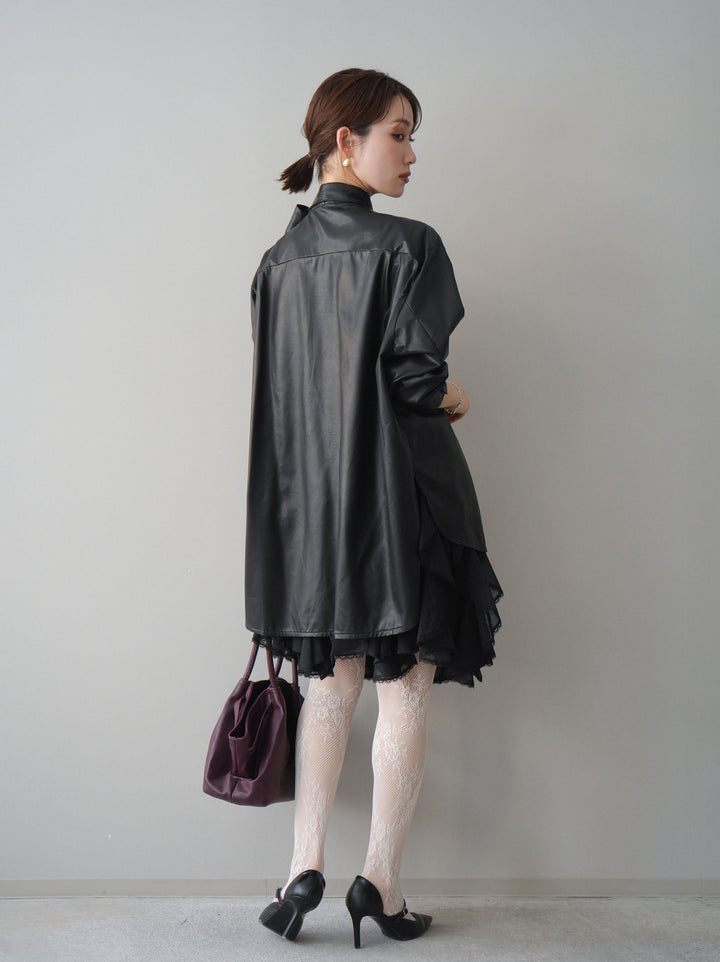[SET]フェイクレザーボウタイブラウス+ラッフルレースミニスカート(2set)