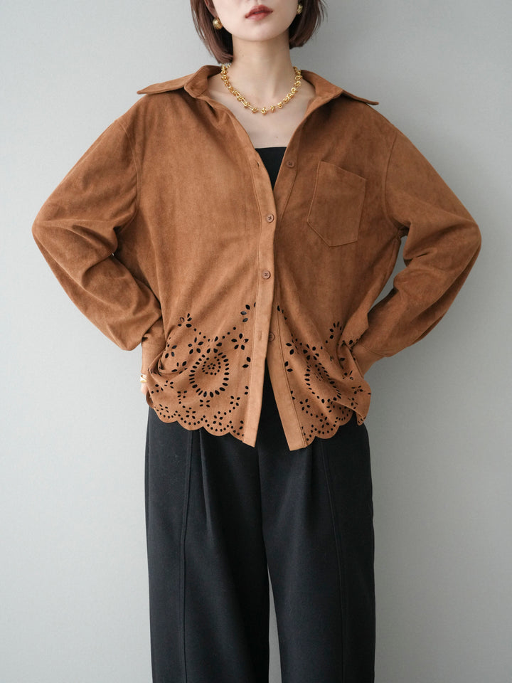 [予約]裾スカラップスエードシャツ/camel