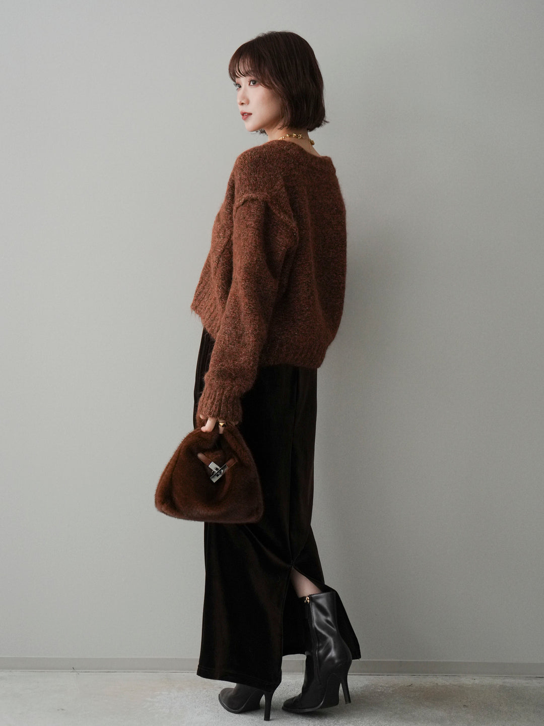 [SET]ミックスヤーンダブルZIPニットカーディガン+ギャザーベロアスカート(2set)