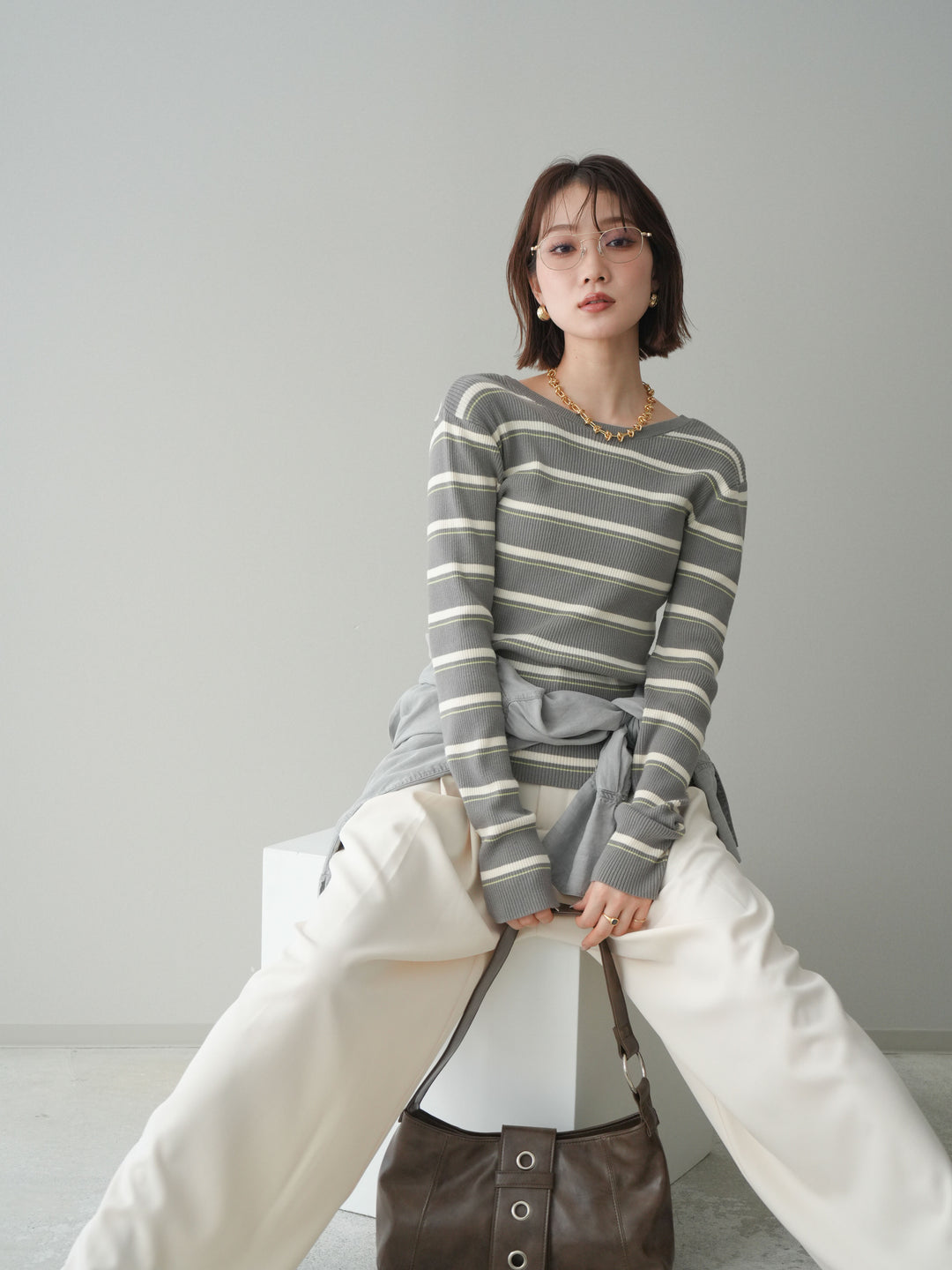 [予約]バックオープンテレコリブマルチボーダートップス/gray