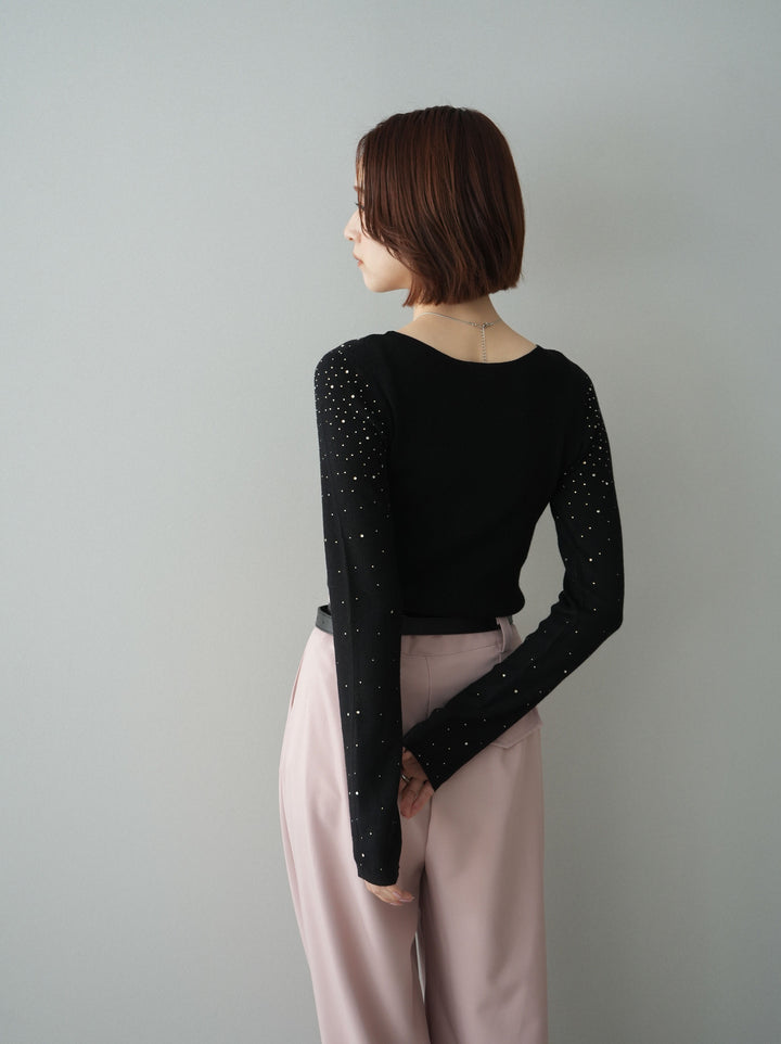 [SET]スパンコールシアーニットトップス+ベルト付キーホルダーモチーフワイドパンツ(2set)