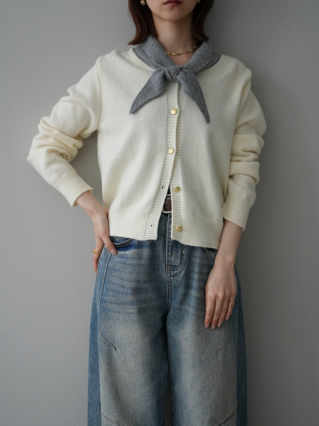 [SET]デザイン襟ニットカーディガン+ベルト付カーブデニムパンツ(2set)