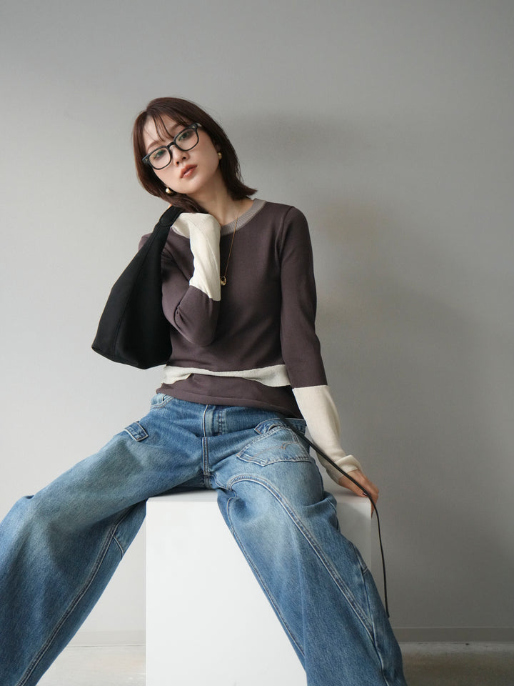 [予約]異素材配色デザインニットトップス/ブラウン