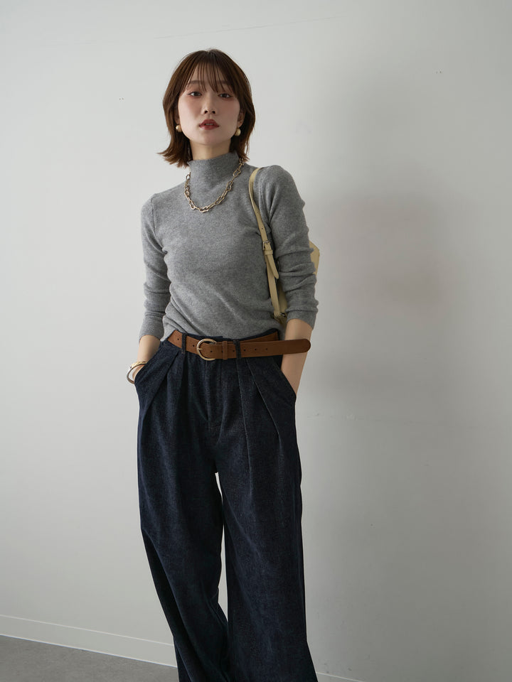[SET]ラメリブモックネックニットトップス+ベロアデニムタックワイドパンツ(2set)