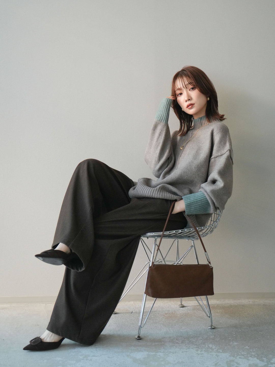 [予約]配色ハイネックニットプルオーバー/mosugraymint