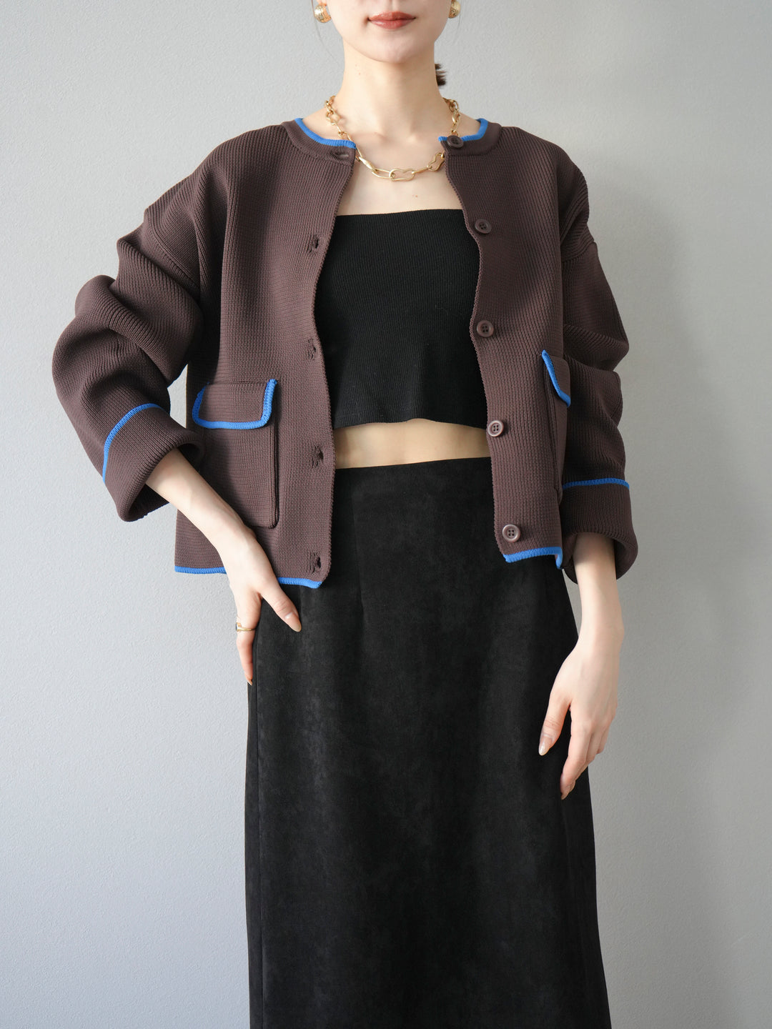 [予約]ポリエステル配色クルーネックカーディガン/ブラウン