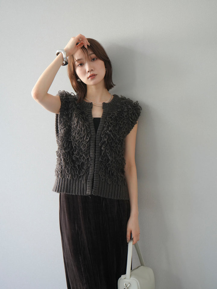 [SET]レザー襟オンブレチェックオーバーシャツ +ループデザインホックベスト +クラッシュベロアナロースカート(3set)