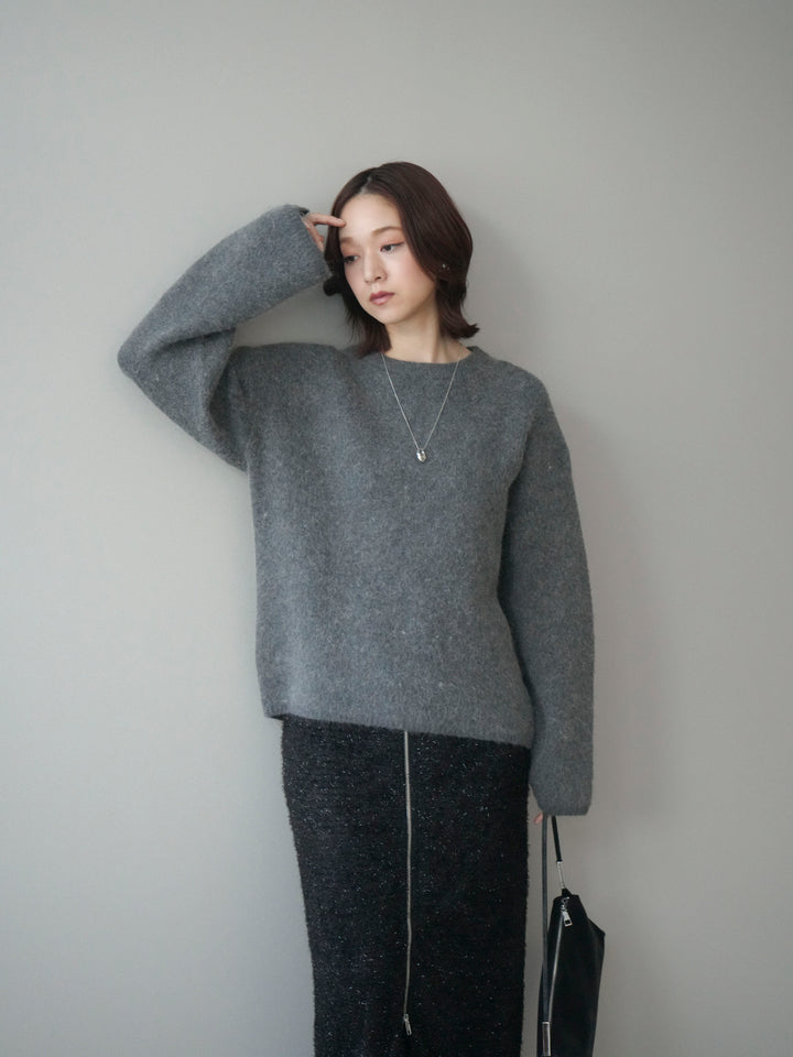 [SET]アンゴラタッチクルーネックニットプルオーバー+ラメシャギーフロントジップスカート(2set)