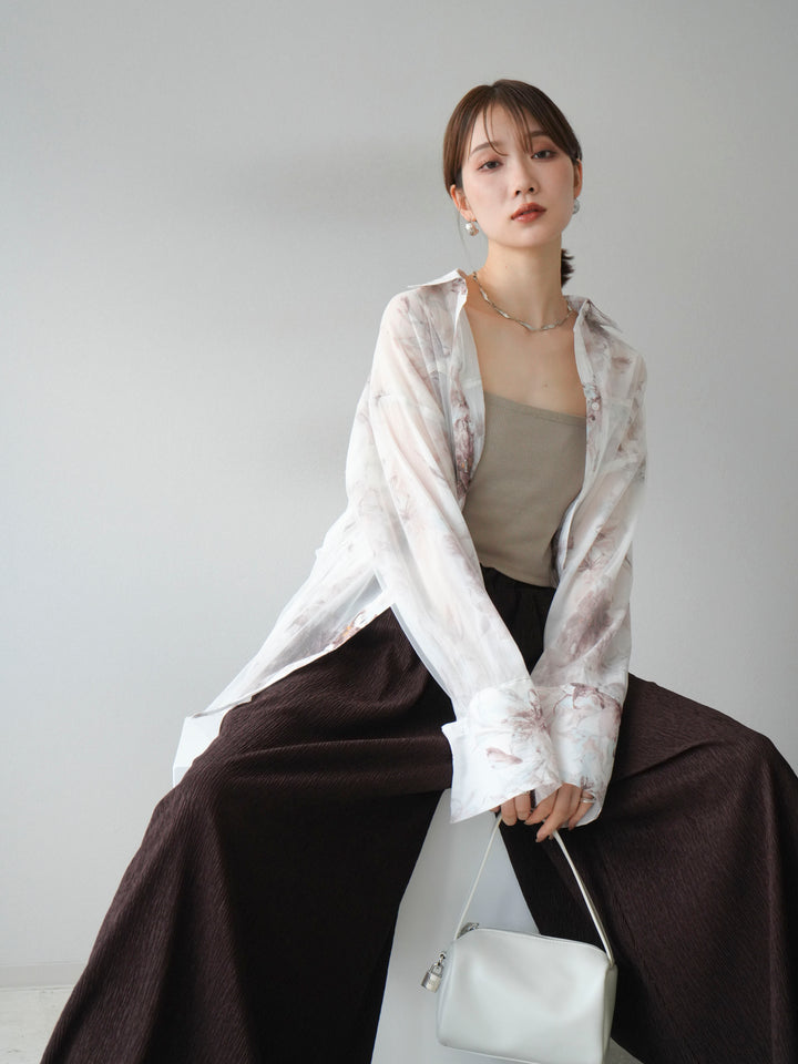 [予約]チュールドッキングフラワー柄オーバーサイズシャツ/オフ