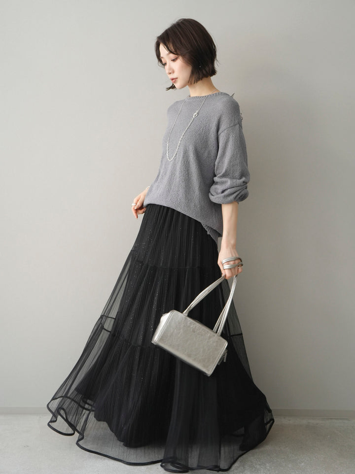 [SET]バックシアーフラワーレースニットプルオーバー+ラメプリーツレイヤードチュールロングスカート(2set)