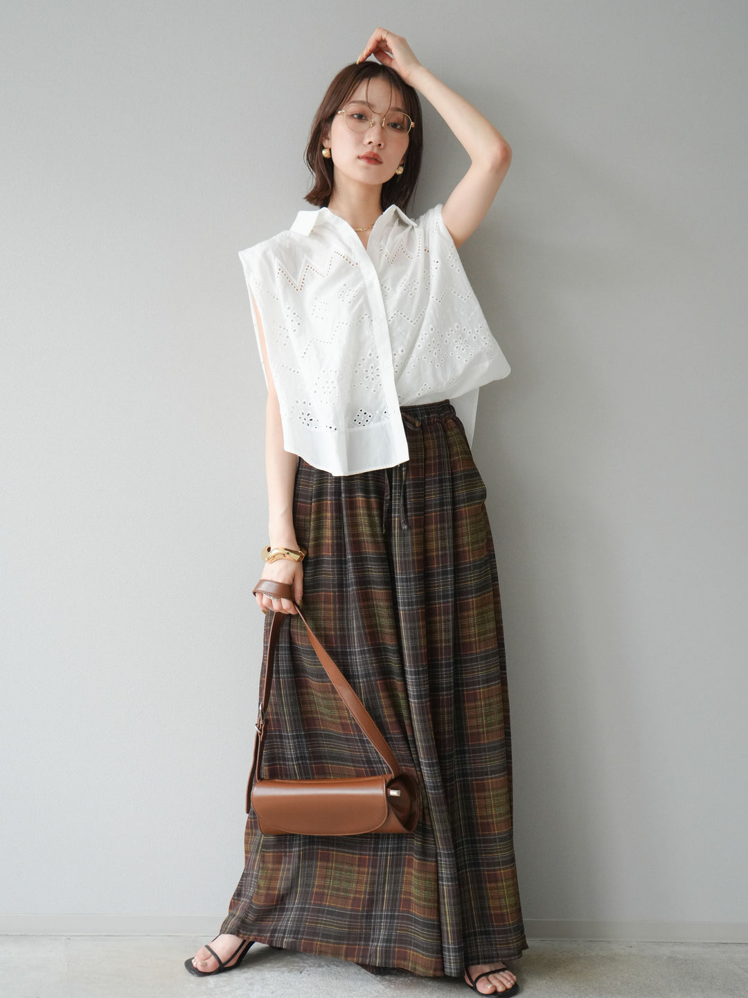 [預購] 透視格紋寬鬆褲/棕色
