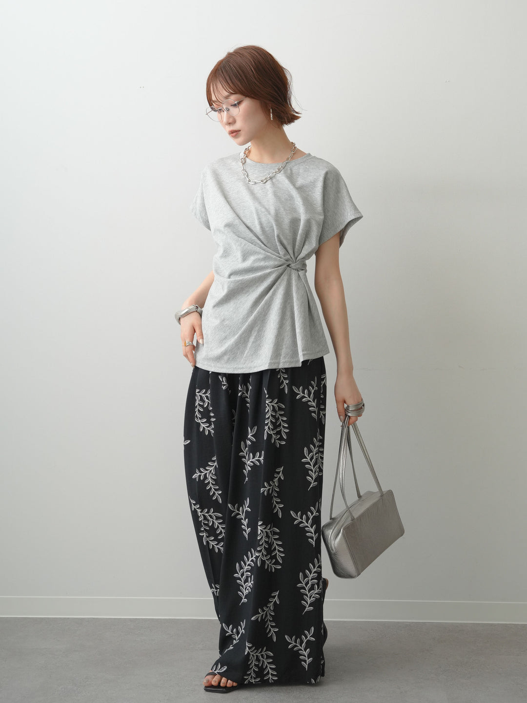 [SET]サイドノットTEE+リーフプリントタックワイドパンツ(2set)