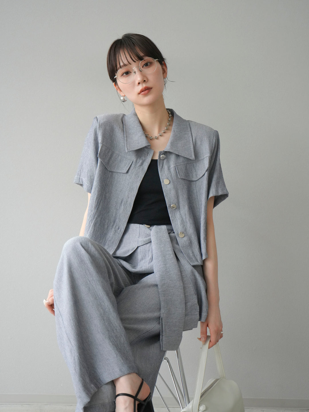 [SET]リネンタッチハーフシャツ＆ラップワイドパンツSET UP(2set)