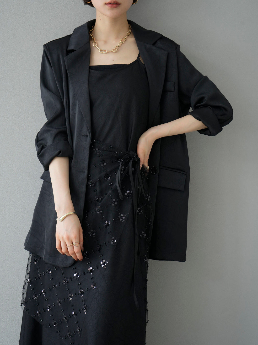 [Pre-order] Sequined Tulle Wrap Skirt/Black