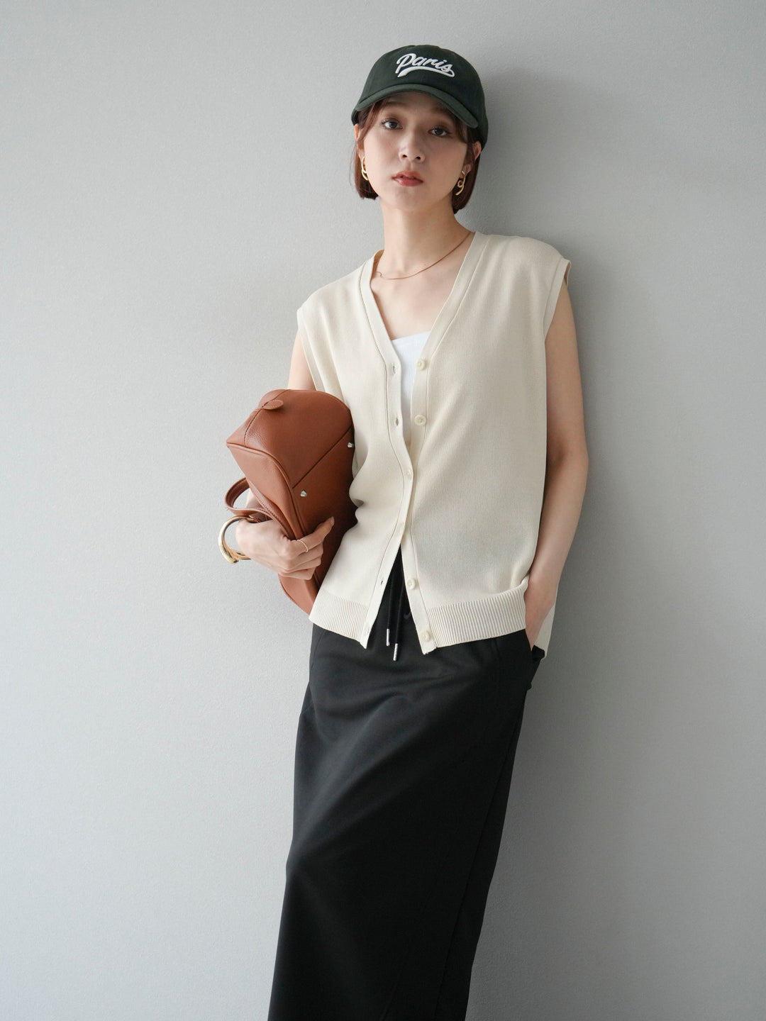 [SET]Vネックレーヨンニットベスト+スウェットロングスカート(2set)