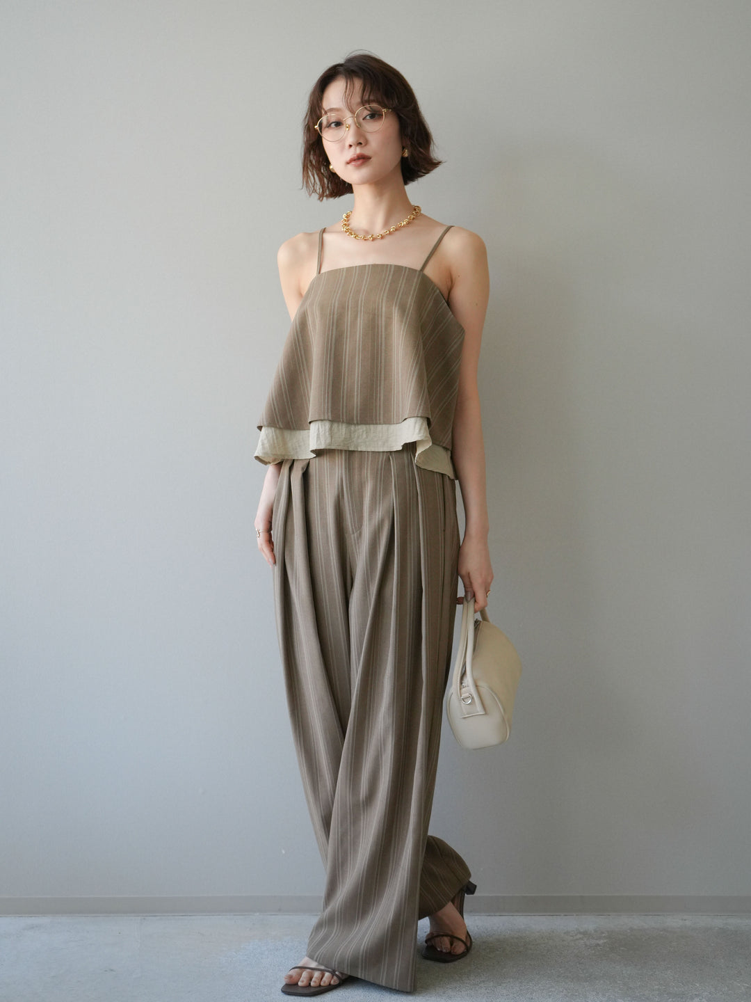 [SET]ピンストライプレイヤードキャミソール+ピンストライプタックワイドパンツ(2set)