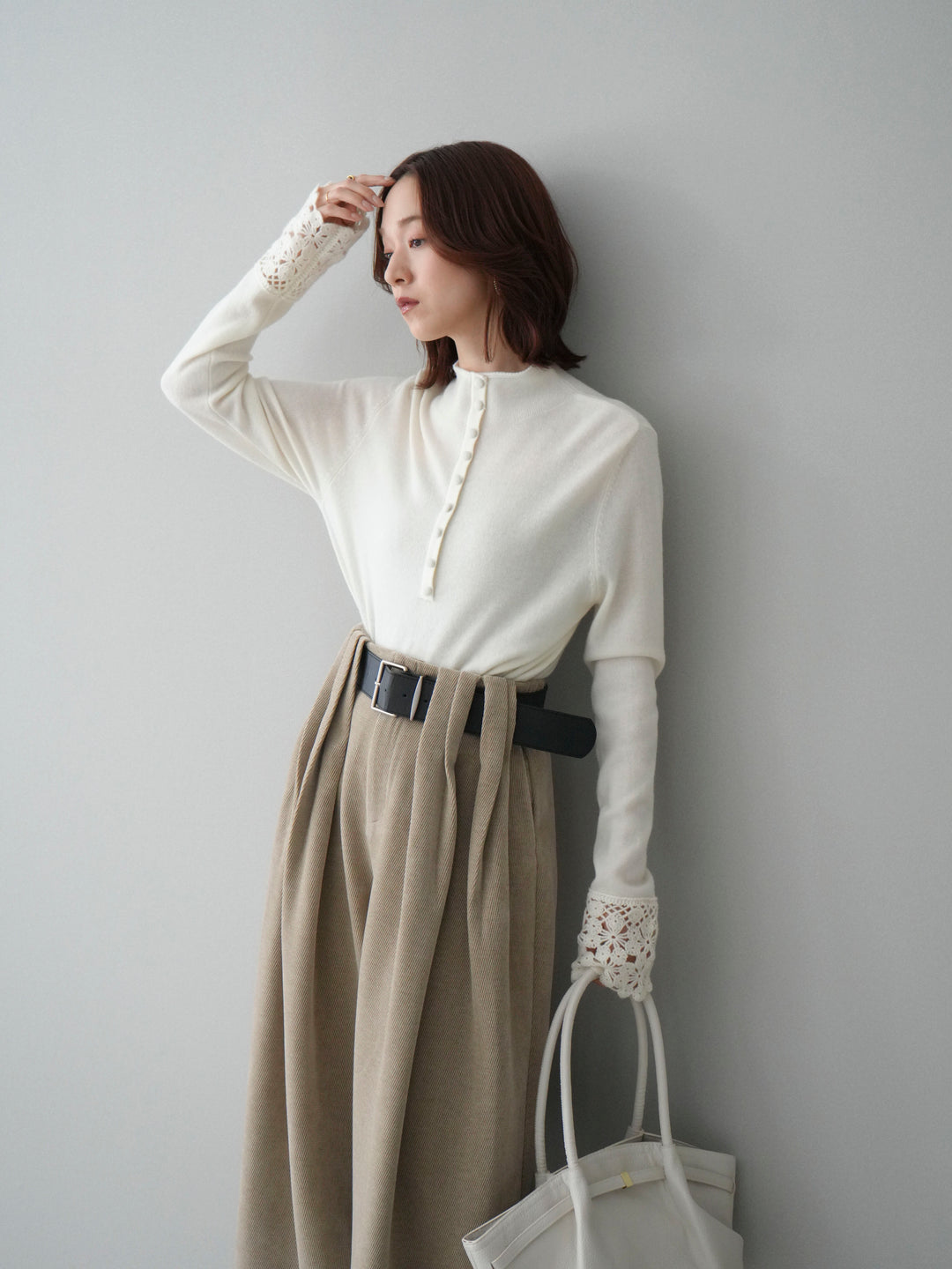 [SET]袖スカラップレースフロントボタンウールニットトップス+ベルトデザインループコールテンワイドパンツ(ベルト付き)(2set)