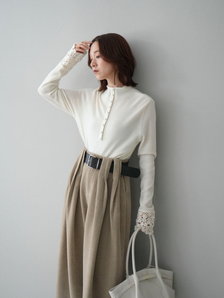 [SET]袖スカラップレースフロントボタンウールニットトップス+ベルトデザインループコールテンワイドパンツ(ベルト付き)(2set)