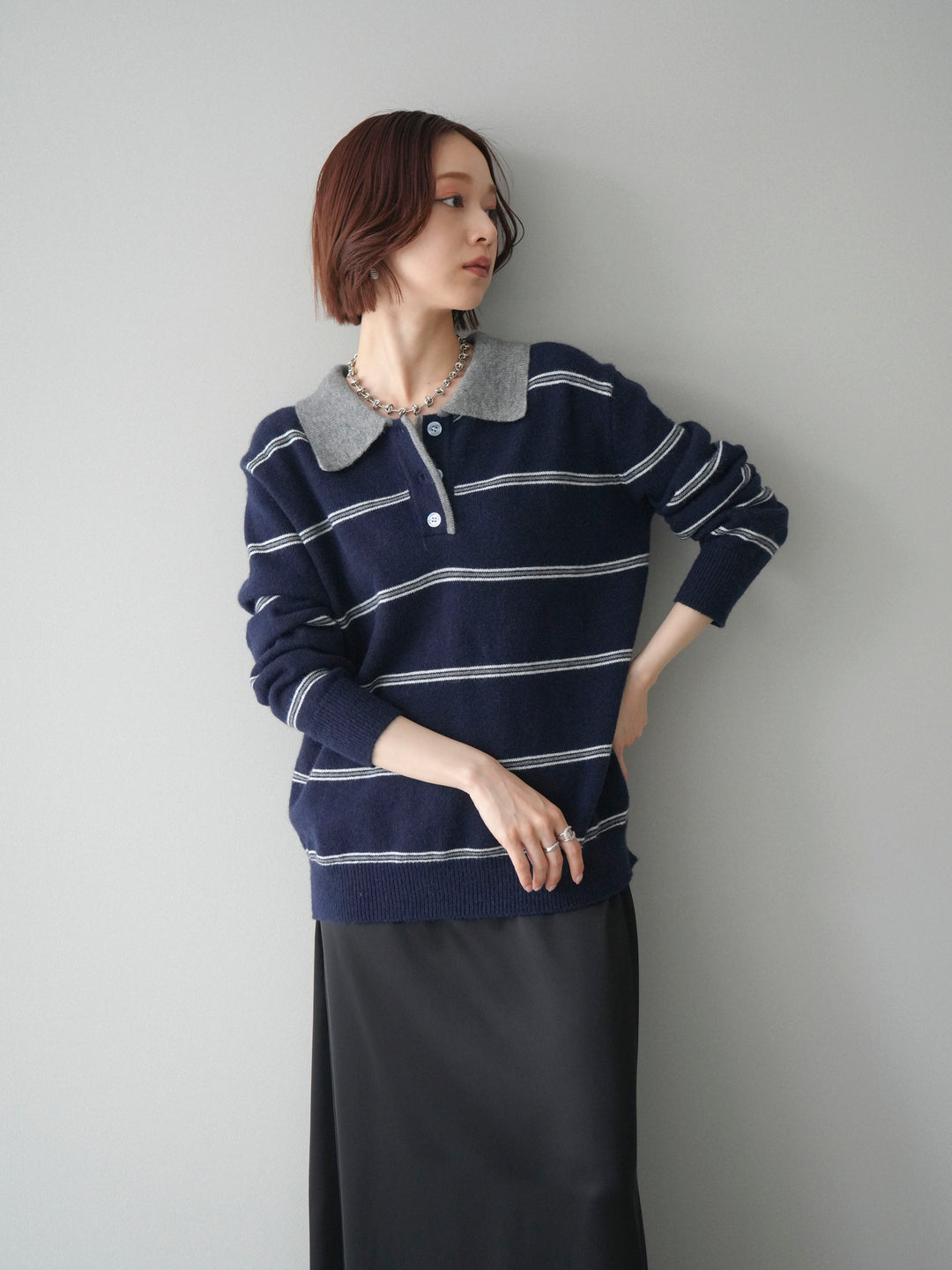 [予約]バイカラーボーダーポロニットプルオーバー/navy