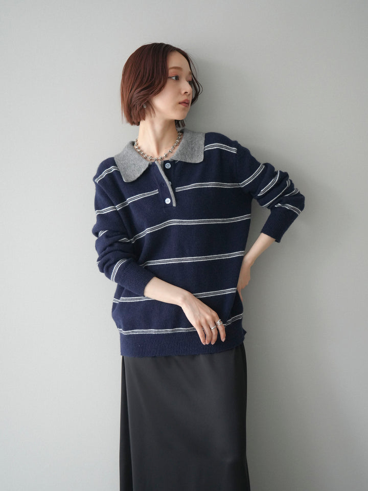 [予約]バイカラーボーダーポロニットプルオーバー/navy