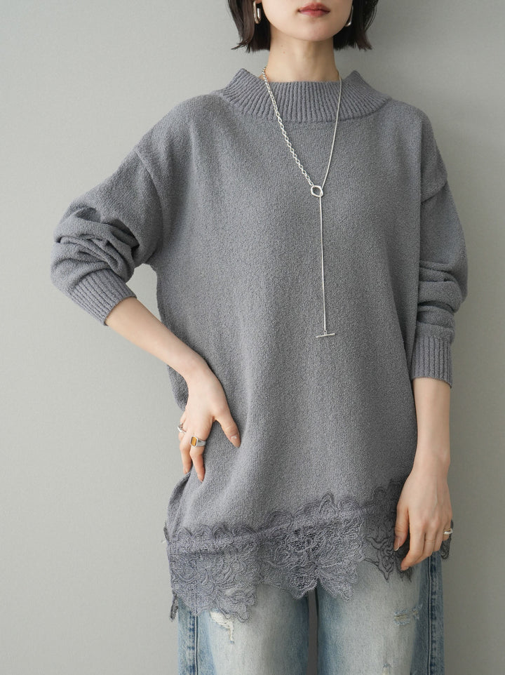 [SET]アシンメトリーレースヘムニットプルオーバー+ダメージデニムセミワイドパンツ(2set)