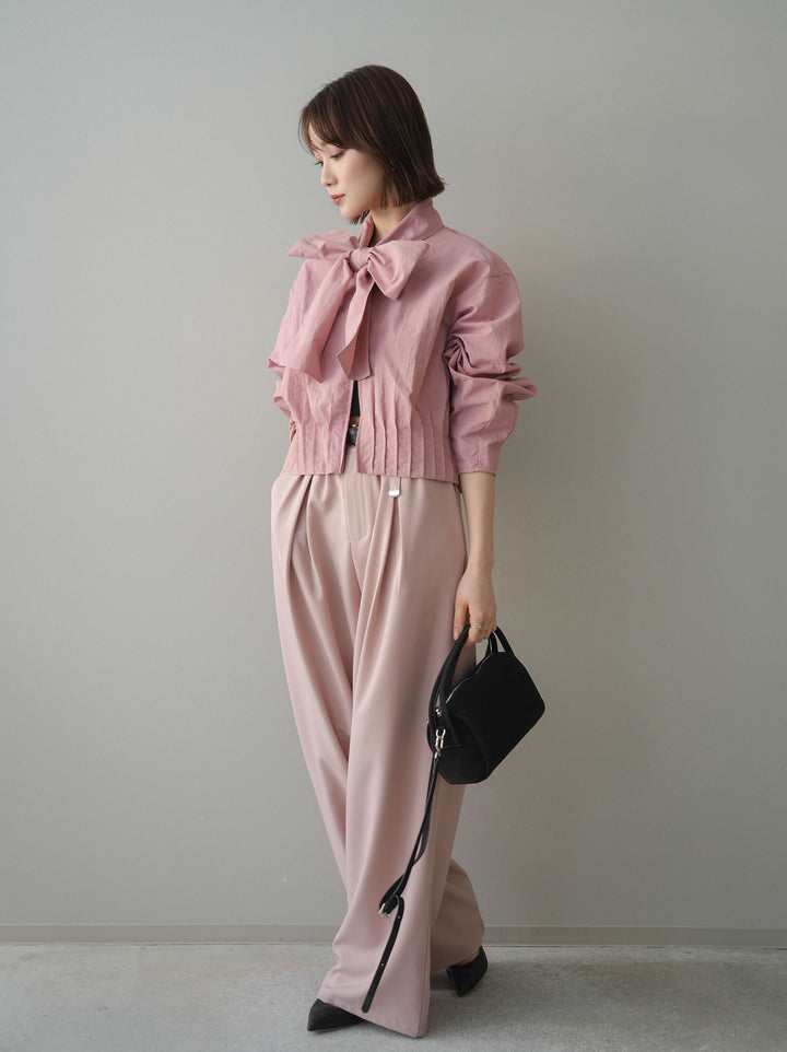 [SET]ボウタイ裾プリーツライトジャケット+ベルト付キーホルダーモチーフワイドパンツ(2set)