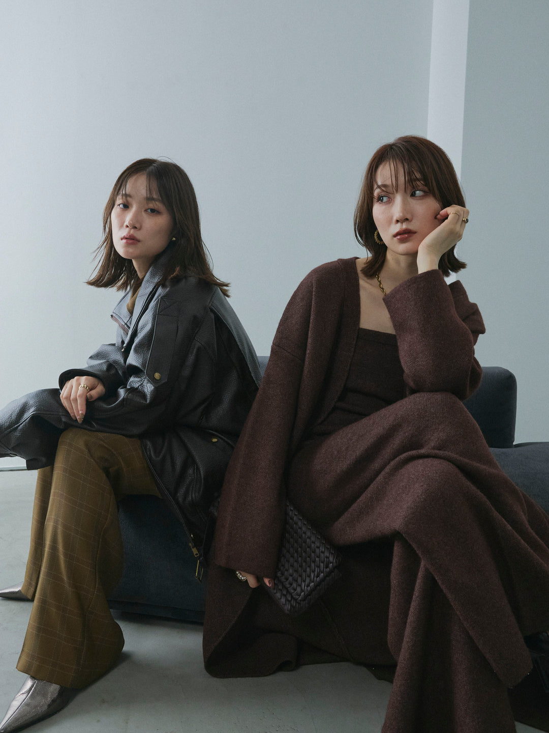 【Allure】[SET]スタンドカラーレザーブルゾン+杢チェックタックパンツ(2set)