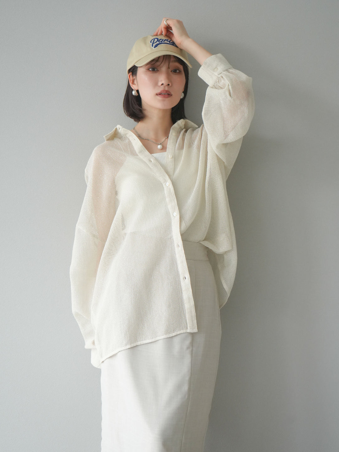 [予約]コットンラメメッシュオーバーシャツ/アイボリー