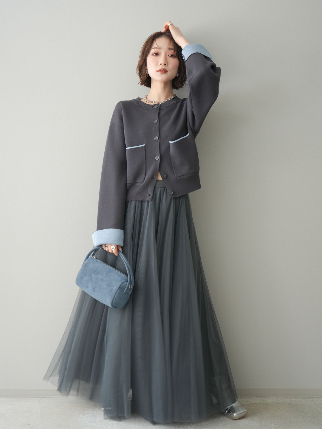 [SET]レーヨンポリダブルフェイスニットカーディガン+チュールボリュームスカート(2set)