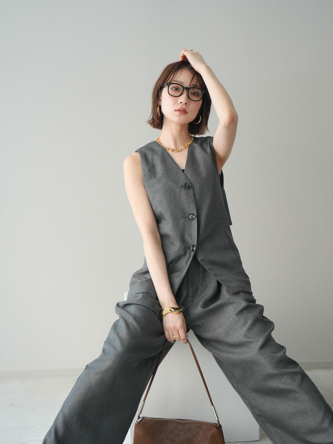 [SET]リネンライクバックオープンジレ+リネンライクタックワイドパンツ(2set)