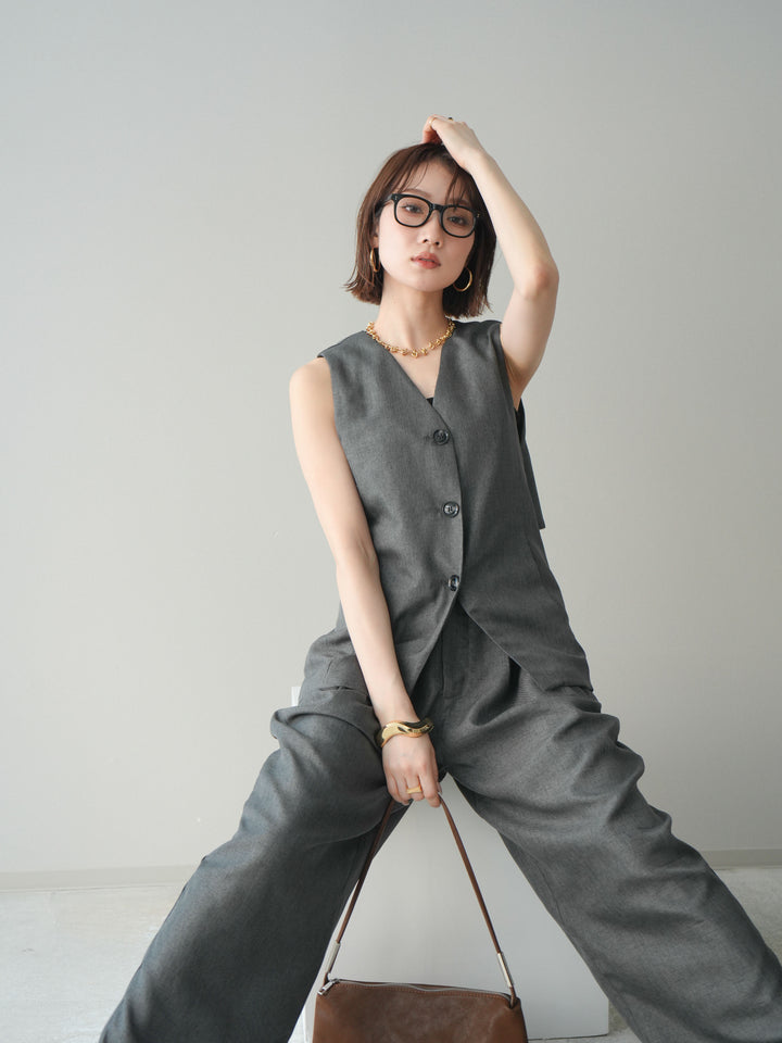 [SET]リネンライクバックオープンジレ+リネンライクタックワイドパンツ(2set)