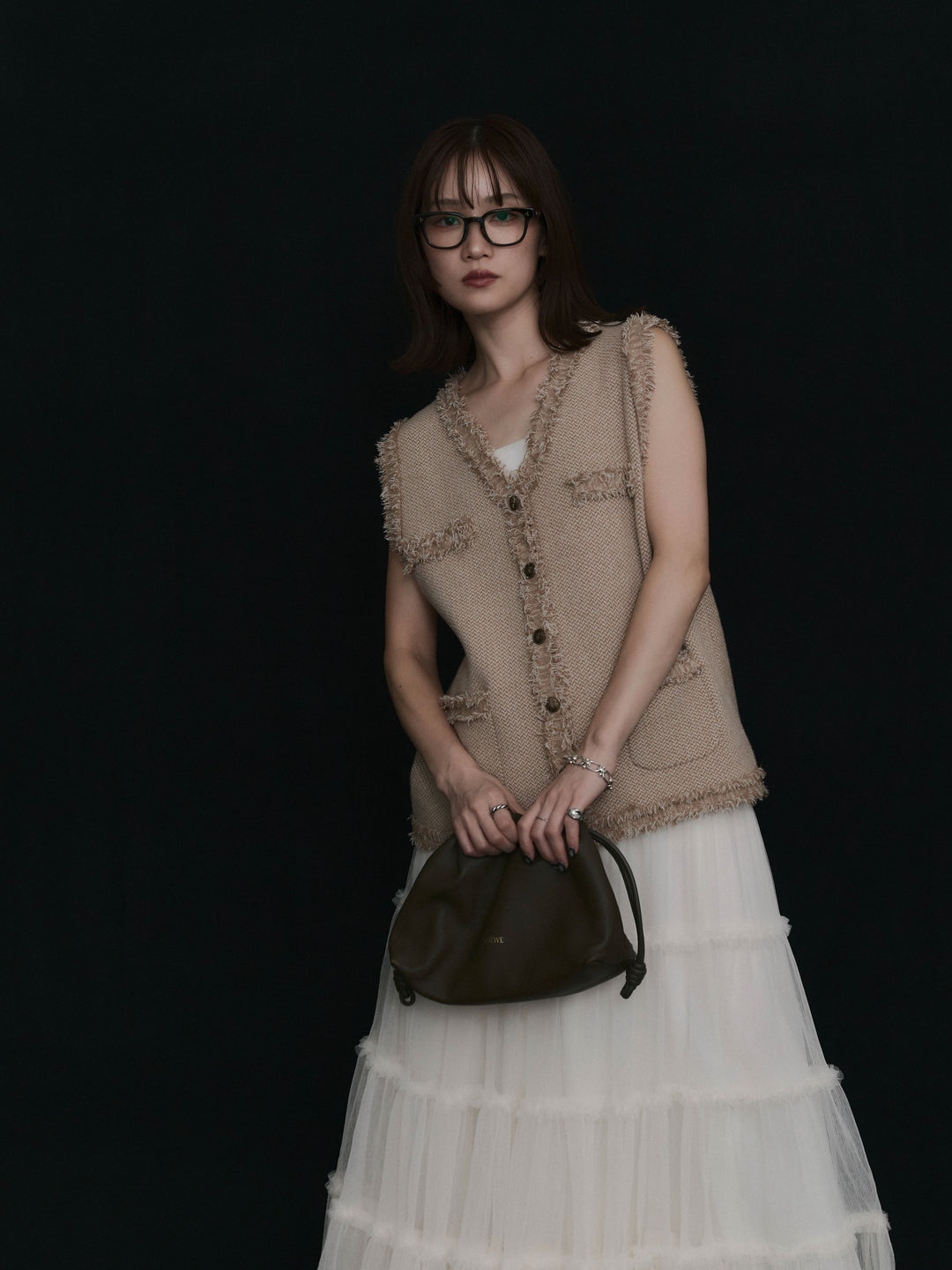 【Allure】[SET]アンティークボタンツイードフリンジニットベスト+アンティークボタンツイードフリンジニットベスト(2set)