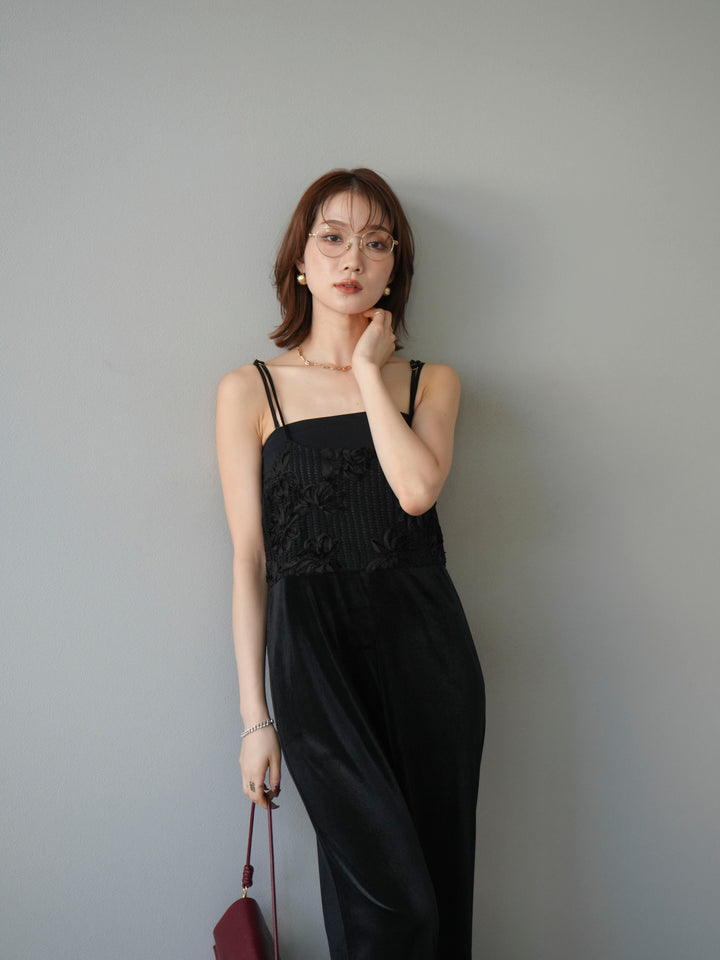 [予約]ジャガード切替ベロアサロペット/ブラック