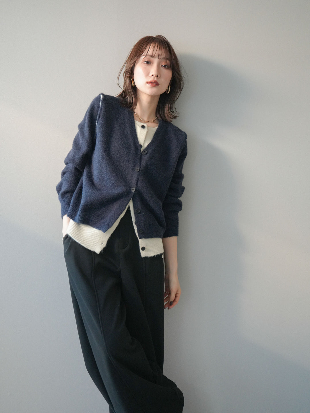 [予約]配色レイヤードニットカーディガン/navy